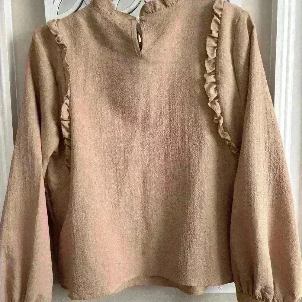 SHEIN Tan Blouse with Ruffle Trim - Picture 2 of 3